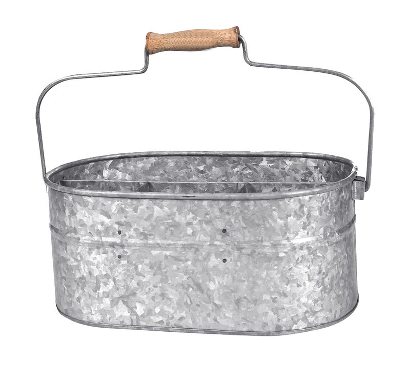 Light & Pro Multipurpose Galvanized Rustic Farmhouse Caddy - Metal 4 Compartment Storage Bin Caddy With Wooden Handle Perfect For Kitchen Utensils, Picnic, Garden Planter - Hammered - Antique Grey - Image 3